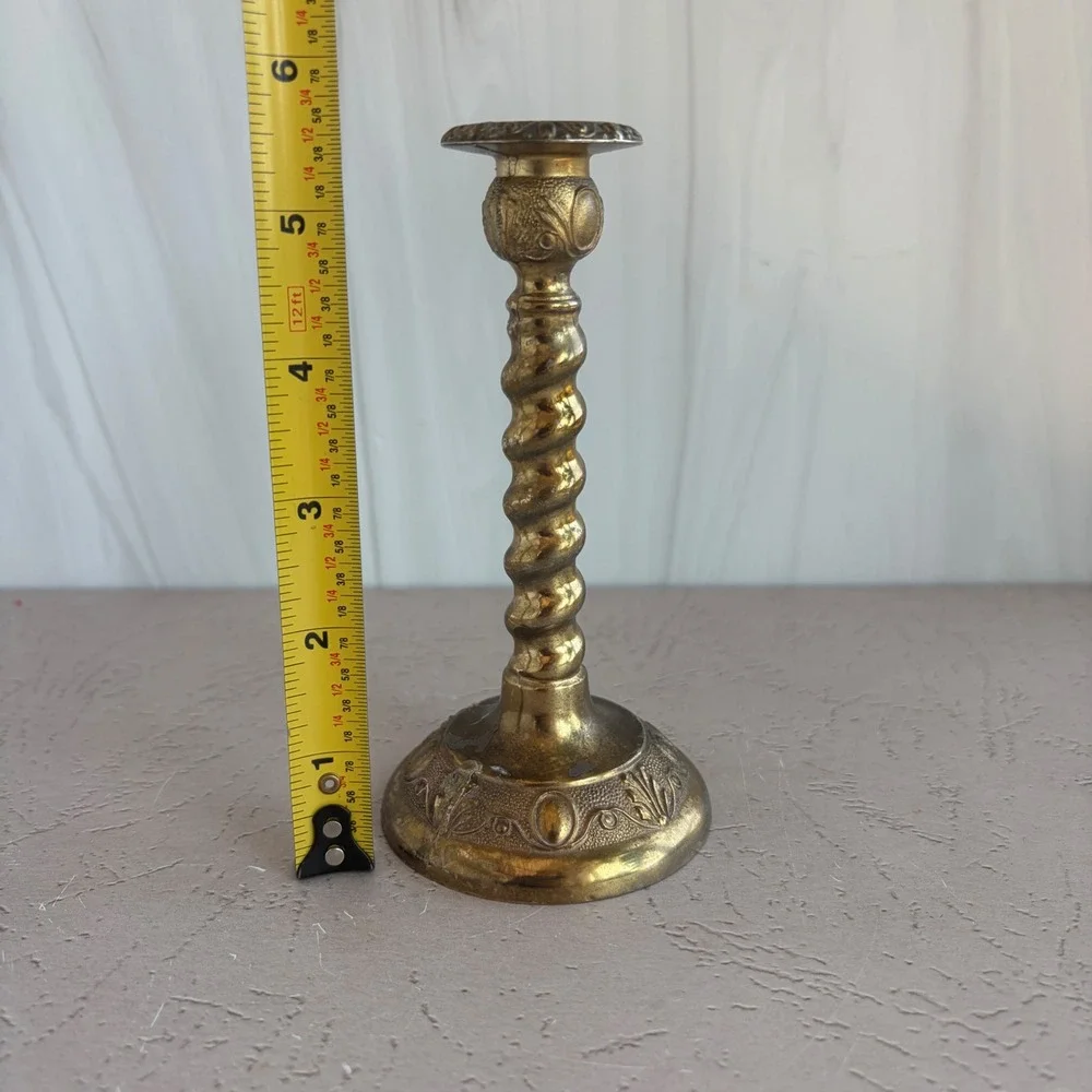 Vintage Made in England Brass Barley Twist Candlestick Holder Ornate Base 5.75in